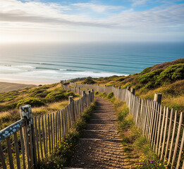 "Beautiful scenic landscape photography, wide angle, ultra realistic, nature path with fences, trees, flowers, rivers, mountains and atmospheric lighting, highly detailed, cinematic view, natural colo