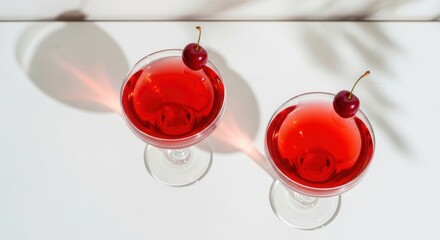 Cherry garnished red cocktails in sunlight on white table surface