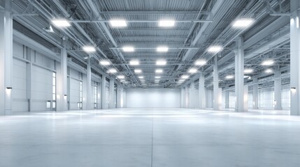 Vast empty warehouse space with bright lighting and neutral tones, ideal for industrial, storage, or commercial applications
