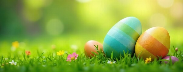 Colorful painted Easter eggs nestled in lush green grass with delicate wildflowers and soft sunlight