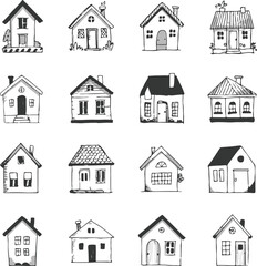 hand drawn whimsical house illustration collection 16 unique residential architecture sketches in grid layout for design inspiration