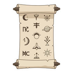Ancient parchment scroll with mystical symbols and celestial signs.