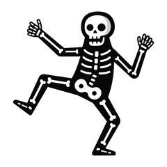 Cartoon skeleton illustration with a skull head, arms raised, and one leg bent, dancing.