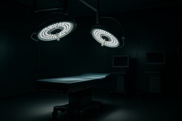 Dark empty operating room with illuminated surgical lamps over table, modern hospital equipment