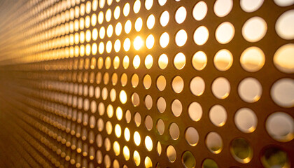 Sunset through perforated metal fence. Modern architectural design with perforations. Circular patterns in perforated sheet. Industrial fence design with sunset light. Abstract perforated metal fence