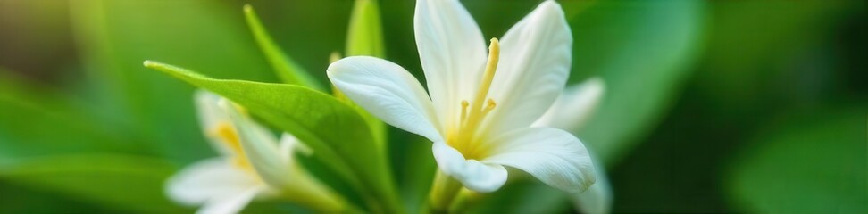 Close up of a delicate white flower with bright yellow stamen against lush green foliage