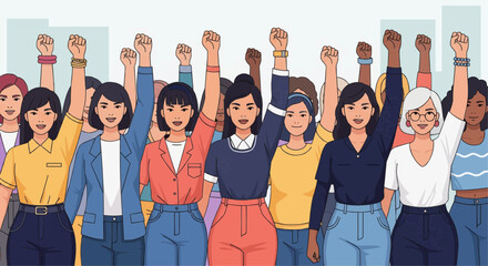 Fototapeta premium Diverse group of women raising fists in solidarity, celebrating empowerment and unity