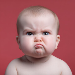 Close-up portrait of an angry baby with a grumpy expression, perfect for concepts like frustration, toddler mood swings, or emotions.
