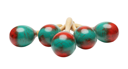 Vibrant Rhythm Shakers A Group of Five Wooden Maracas with Green and Red Speckled Heads Ready for Festive Music and Celebration