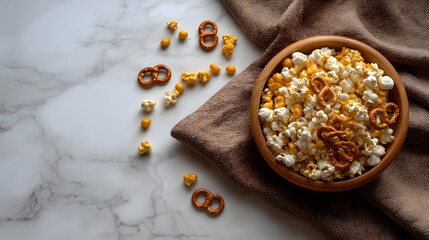 Gourmet popcorn mix in wooden bowl with pretzels and kernels on white marble background