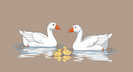 Adorable pixel art depiction of a family of geese swimming peacefully in calm water on a soft brown background