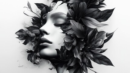 Monochrome Floral Face: A Serene Fusion of Nature and Beauty