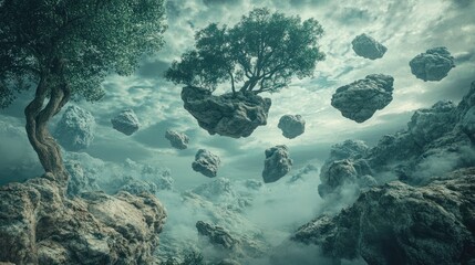 Ethereal Floating Islands: A Surreal Landscape of Trees and Rocks