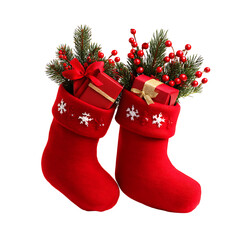 Two cozy red christmas stockings filled with gifts and festive decorations holiday scene isolated on transparent background