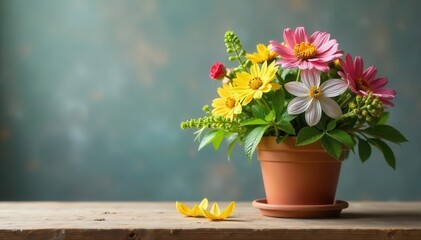A potted arrangement of pink yellow and white flowers with green foliage sits on a wooden surface