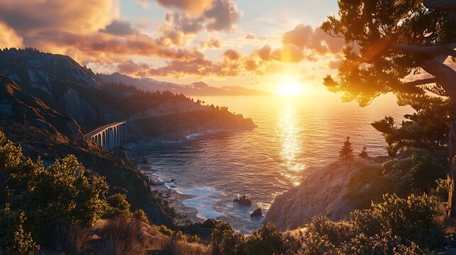Golden sunrise illuminating bixby creek bridge and pacific ocean coastline picture