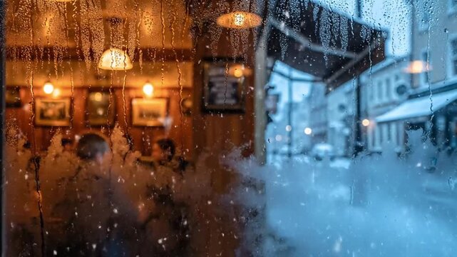 Warm interior comfort contrasts with a snow-covered street, viewed through a frosted window on a cold winter day, embodying urban coziness and the beauty of seasonal change