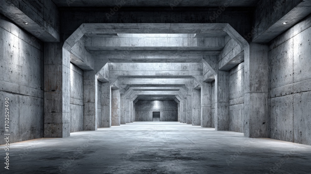 Poster industrial concrete structure: wide empty space with columns and overpass for commercial or creative