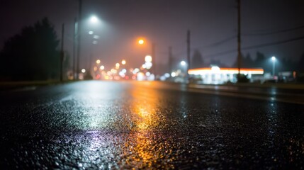 Fototapeta premium Wet Asphalt Road Reflecting Streetlights at Night After Rain, Serene Urban Landscape