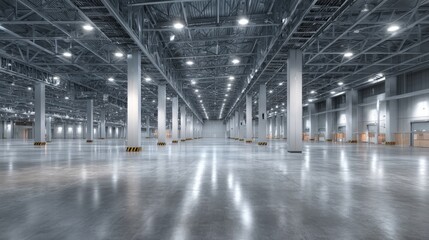 Vast Empty Warehouse Interior with Polished Concrete Floor, High Ceiling, and Column Support Structure