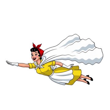 cartoon animation of a housewife flying with a white cloth on her back fluttering, isolated in white