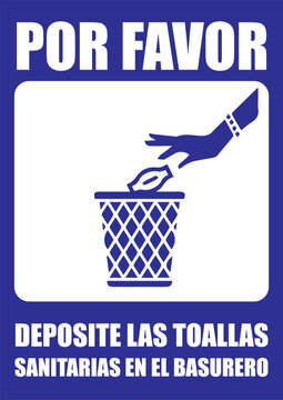 R&oacute;tulo deposite toallas sanitarias en el basurero se&ntilde;al de ba&ntilde;o imprimible