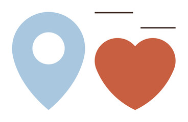 Fototapeta premium Blue map pin next to red heart with minimal black lines. Ideal for travel, relationships, navigation, community, support, connection, and location-based services. A simple flat metaphor