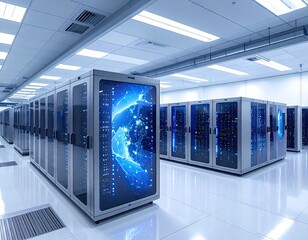 Brightly Lit Server Room with Blue Data Visualizations