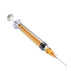 Medical syringe filled with amber liquid isolated on transparent background