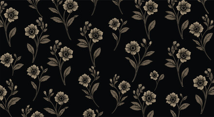 Elegant botanical floral pattern on a dark background with delicate blossoms and stems