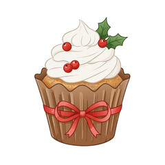 Festive christmas cupcake with white frosting, red holly berries, and a red ribbon bow, , perfect for holiday baking and celebration themes