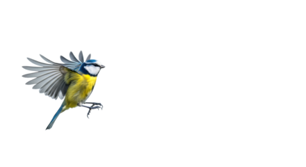 Small brightly plumaged bird with blue, yellow, white feathers, frozen in dynamic flight, wings extended, flying diagonally against a soft abstract gradient background. Concept of innovation and