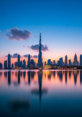 Fototapeta premium Stunning Dubai skyline at sunset reflects vibrant colors on tranquil water creating a modern cityscape masterpiece