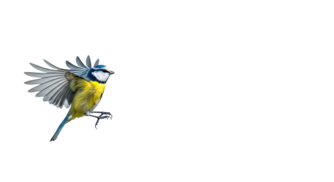 Small brightly plumaged bird with blue, yellow, white feathers, frozen in dynamic flight, wings extended, flying diagonally against a soft abstract gradient background. Concept of innovation and - Powered by Adobe