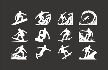 White Silhouette of Surfer Riding Waves, Performing Extreme Sports, Action Pose, Skateboarder, Dynamic Movement, Athletic Adventure, Water Sports, Surfboard, Athletic Performance