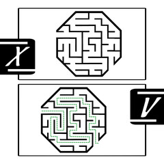 Illustration with labyrinth, maze conundrum for kids. Baby puzzle with entry and exit. Children puzzle game. Wrong and right for labyrinth.
