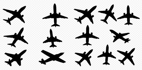 A collection of black airplane silhouettes against a transparent background, showing various flight orientations.