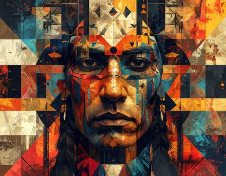 Abstract Portrait of Indigenous Person in Mixed Media