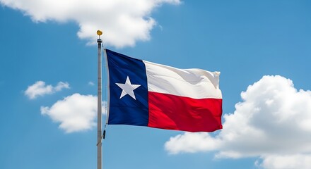 Texas Flag Waving in Blue Sky with Clouds.