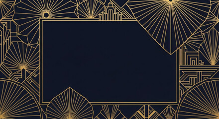 Geometric art deco background, elegant gold foil lines on deep navy blue, luxurious and sophisticated, shimmering metallic accents, high contrast, stylish header or poster background
