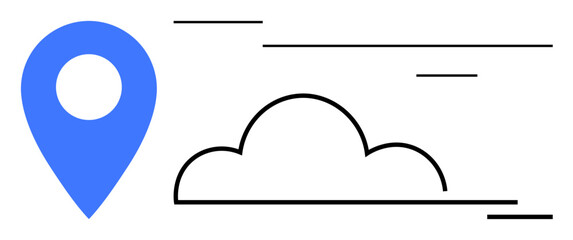 Blue location marker beside a black outlined cloud and horizontal lines. Ideal for mapping, travel, connectivity, data storage, weather, digital communication, or cloud computing concepts. Simple