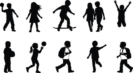 Silhouette vector of children playing, sports activities, walking with backpacks, black figures, white background, childhood, dynamic poses,