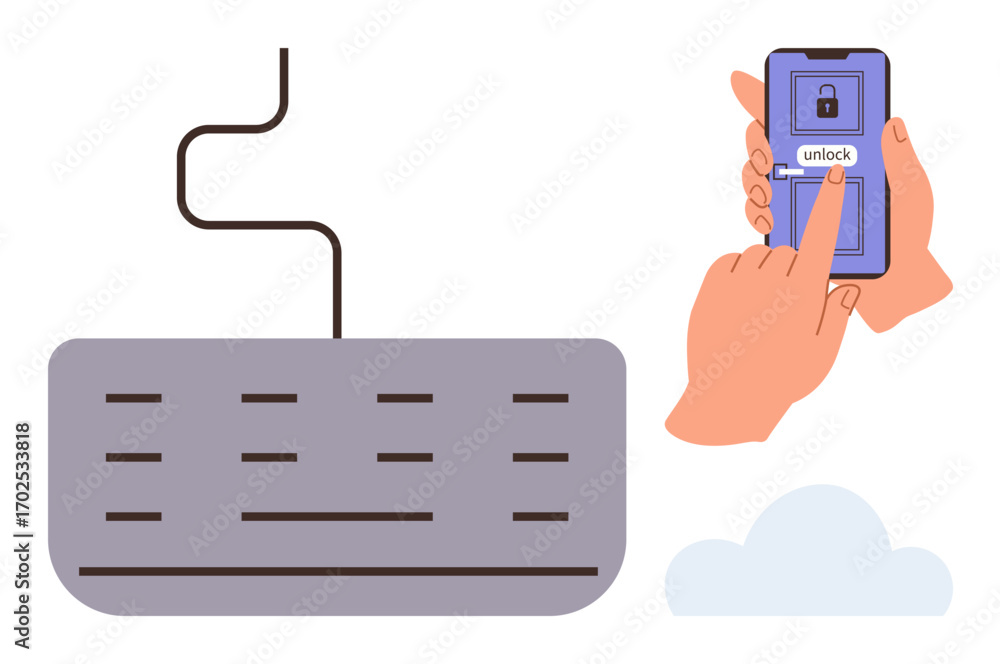 Poster hands interacting with smartphone to unlock screen, keyboard below, small cloud illustrating data st