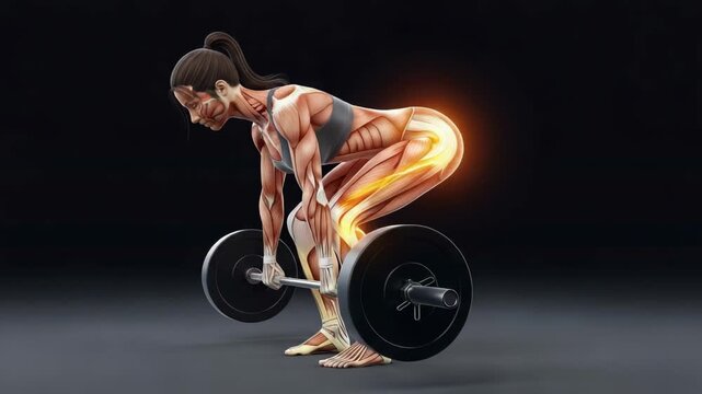Woman Performing Deadlift with Muscle Anatomy Overlay Demonstrating Glute and Hamstring Engagement for Fitness Education and Strength Training