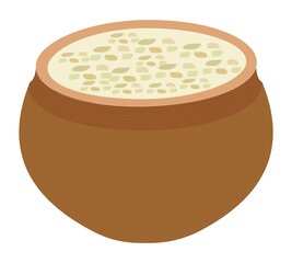 Clay pot filled with rice pudding kheer dessert flat vector illustration
