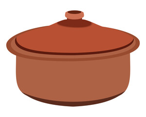 Clay cooking pot with lid flat vector illustration of earthenware