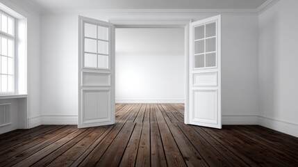 Fototapeta premium Bright, Airy Room with Open Doors and Wood Floor, Inviting Atmosphere, Empty Space