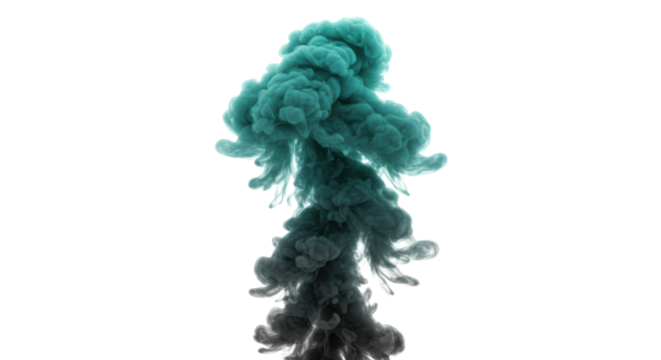 Elegant volumetric smoke plume with turbulent wisps, charcoal to vibrant teal, rising vertically on transparent background, studio lit. Concept of futuristic data flow