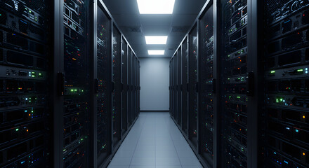 Server room data center hosting digital information and providing network infrastructure