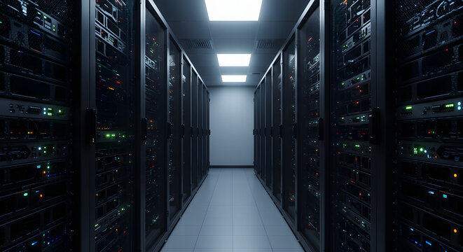 Server room data center hosting digital information and providing network infrastructure